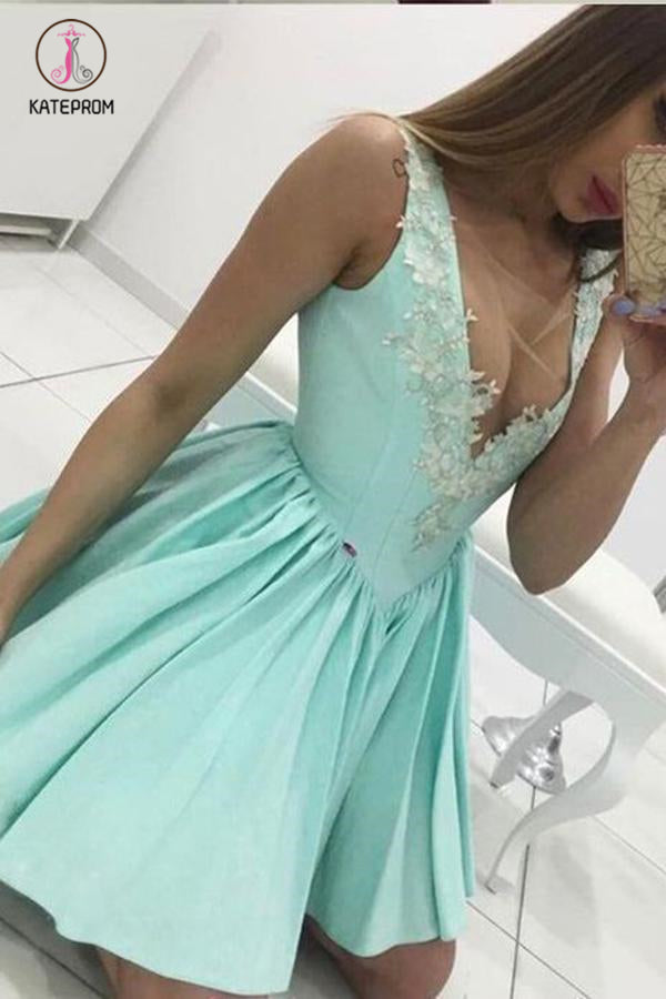 Cute Tiffany Blue V Neck Appliqued Short Homecoming Dress, Mini Graduation Dress KPH0304