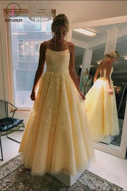 Yellow Puffy Spaghetti Straps Floor Length Prom Dress with Appliques, Long Evening Dress KPP1107