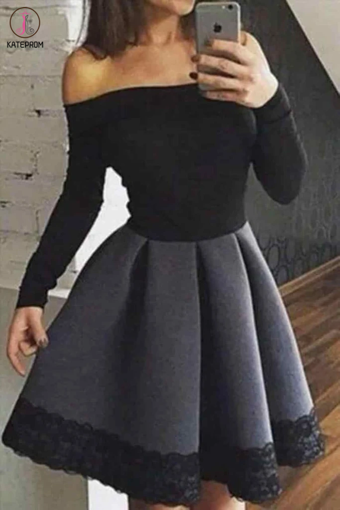Dark Gray and Black Off the Shoulder Long Sleeve Short Homecoming Dresses with Lace KPH0496