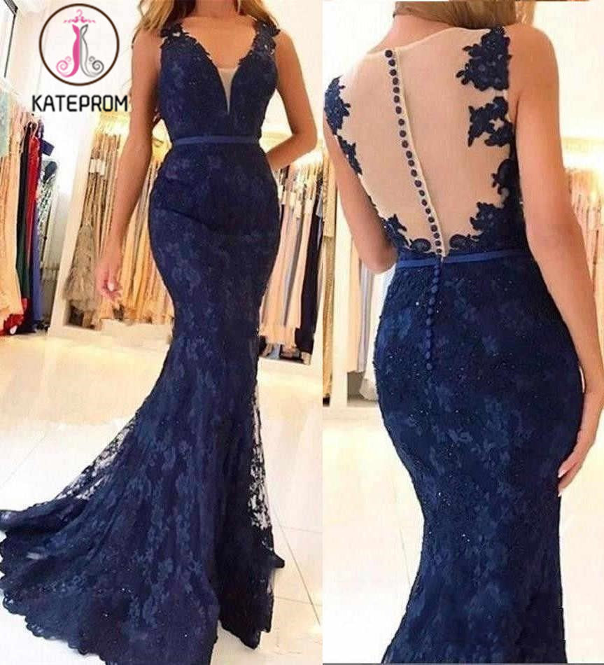 Navy Blue Sleeveless Lace Formal Dresses, Mermaid Sheer Back Lace Prom Gown KPP0964