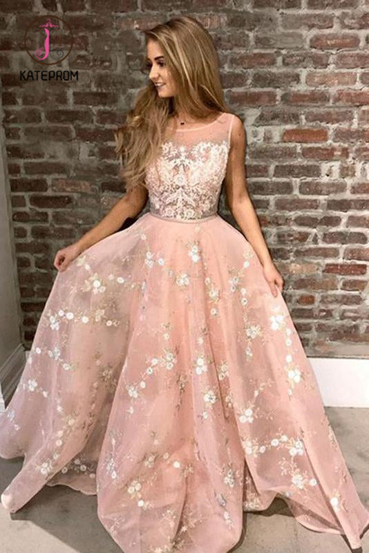 Pink Sleeveless Lace Prom Dress with Appliques, Puffy Long Graduation Dresses KPP0926