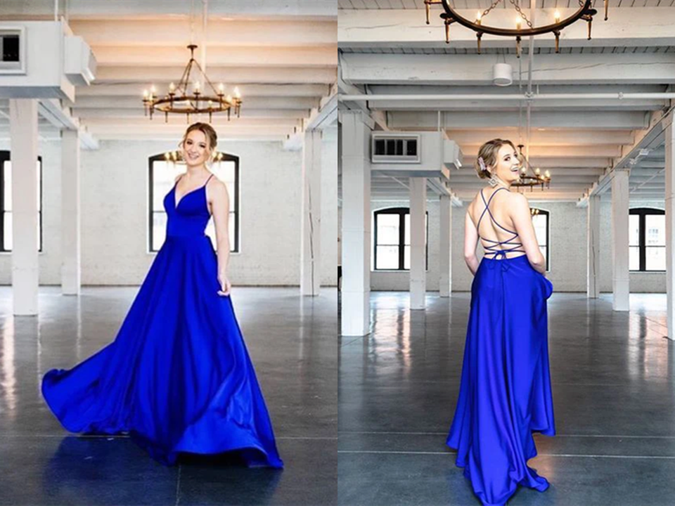 Chic A Line Spaghetti Straps V Neck Prom Dresses Evening Dresses KPP1467