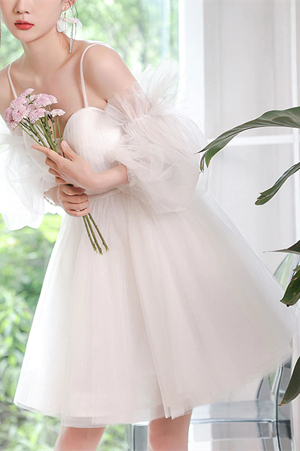 A line Spaghetti Straps Tulle Homecoming Dress Off the shoulder Short Prom Dress KPH0606
