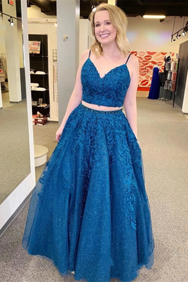 Mykonos Blue Sparkly Two Pieces Appliqued Spaghetti Straps Prom Dress KPP1352