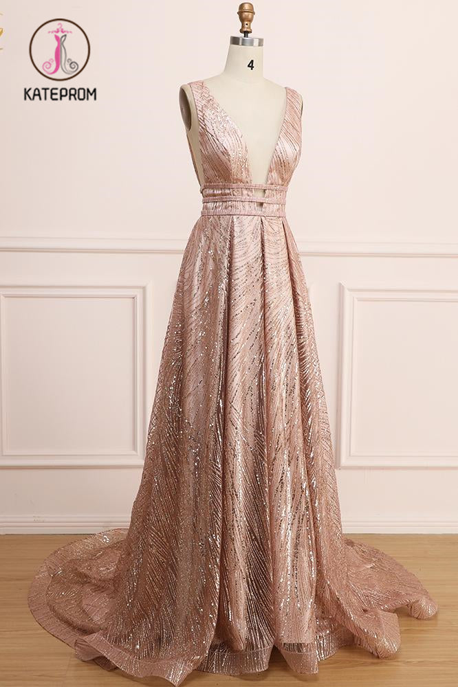 A Line Deep V Neck Long Prom Dress with Sequins, Glitter Sleeveless Evening Dress KPP1051