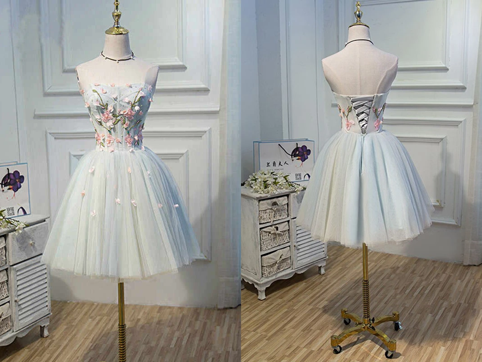 Cute Blue Strapless Tulle Homecoming Dresses with 3D Flowers Lace up Dance Dresses KPH0599