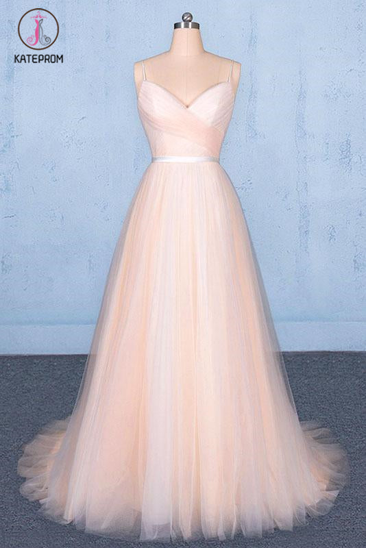 Peach V Neck Sleeveless Tulle A Line Prom Dresses, Straps Tulle Evening Dress KPP1083
