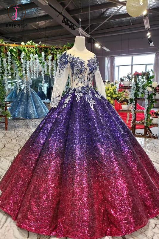 Ball Gown Long Sleeves Sequins Ombre Prom Dress, Puffy Quinceanera Dress KPP1063