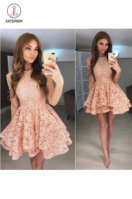 A-Line Round Neck Lace Mini Prom Dress,Cute Lace Short Homecoming Dress KPH0283