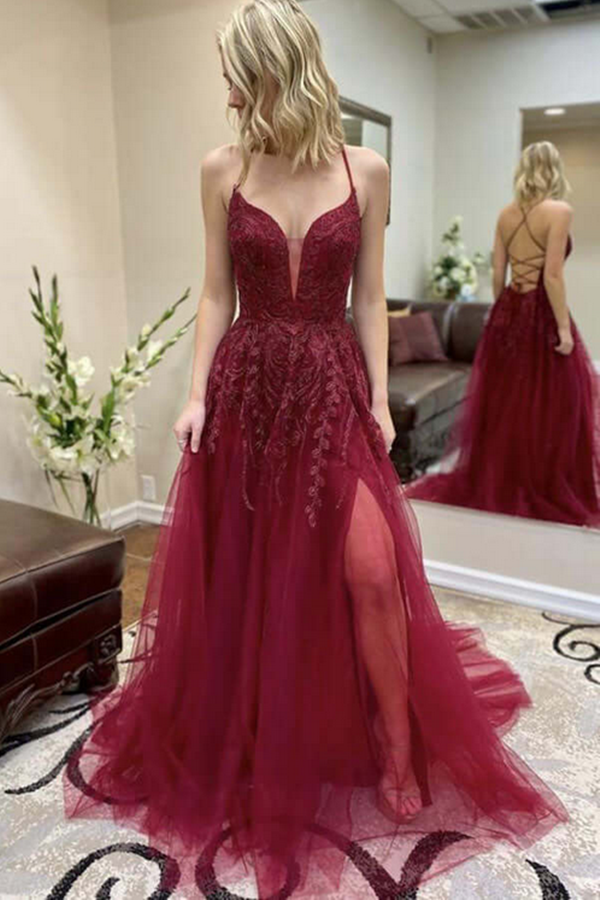 Burgundy Tulle A line Lace Up Back Thigh Slit Prom Dresses, Evening Gown KPP1521