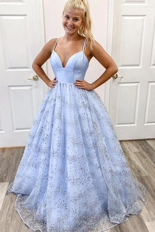 Shiny Sequins Spaghetti Straps V Neck Light Blue A Line Long Prom Dress KPP1459