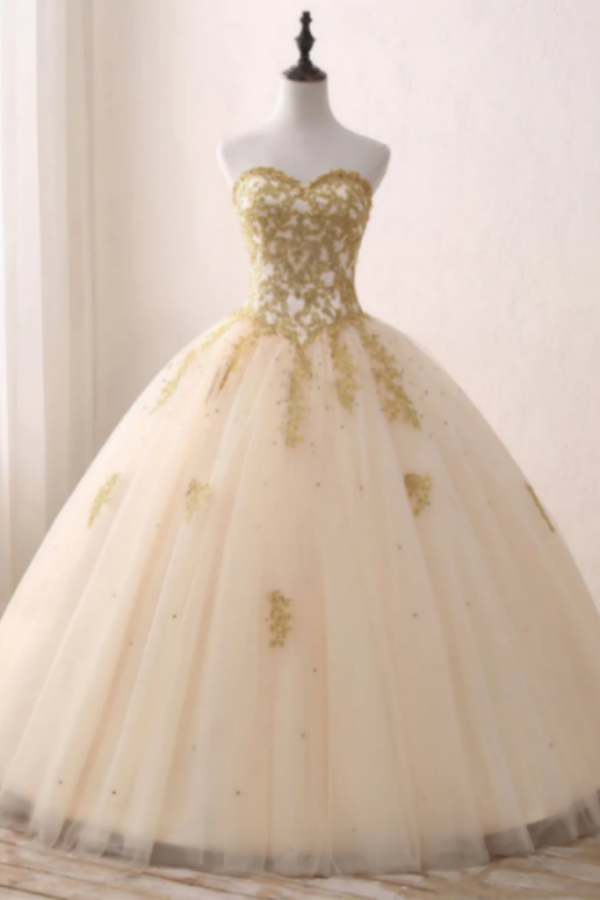 Princess Sweetheart Champagne Ball Gown Sweet 16 Dress Quinceanera Prom Gown with Gold Lace KPP1716