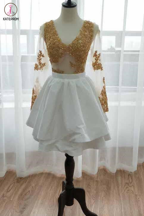 White Long Sleeve Homecoming Dress with Gold Lace Appliques, V Neck Short Prom Dress KPH0513