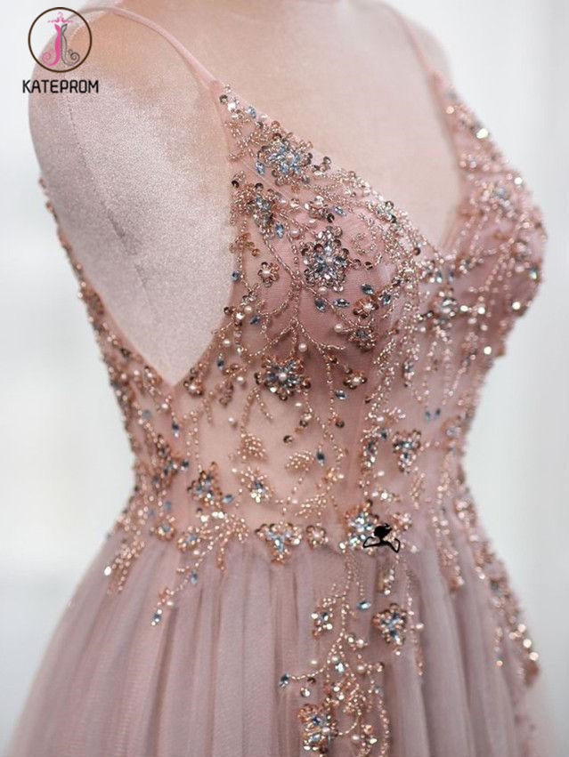 Dusty Pink Spaghetti Straps Gorgeous Beading Prom Dress, A Line Split Tulle Evening Dresses KPP1109