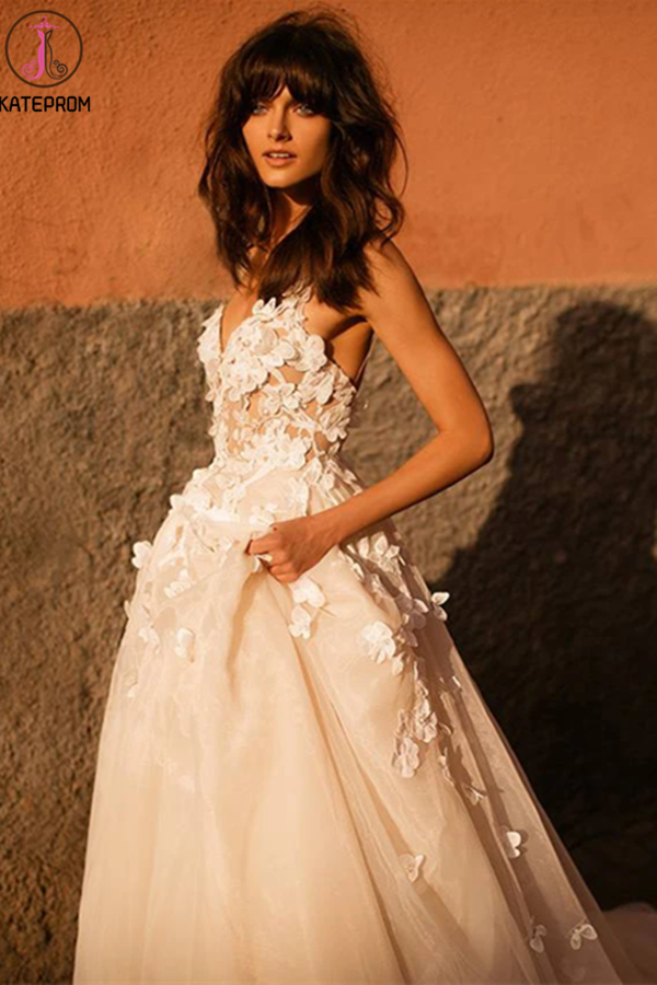 A-line Spaghetti Straps Applique Gorgeous Wedding Dress Sweep/Brush Train Modest Bride Gowns KPW0619