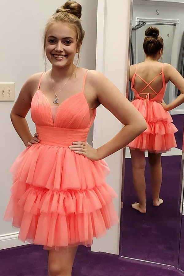 V Neck Layered Coral Short Prom Dresses Homecoming Dresses KPH0625