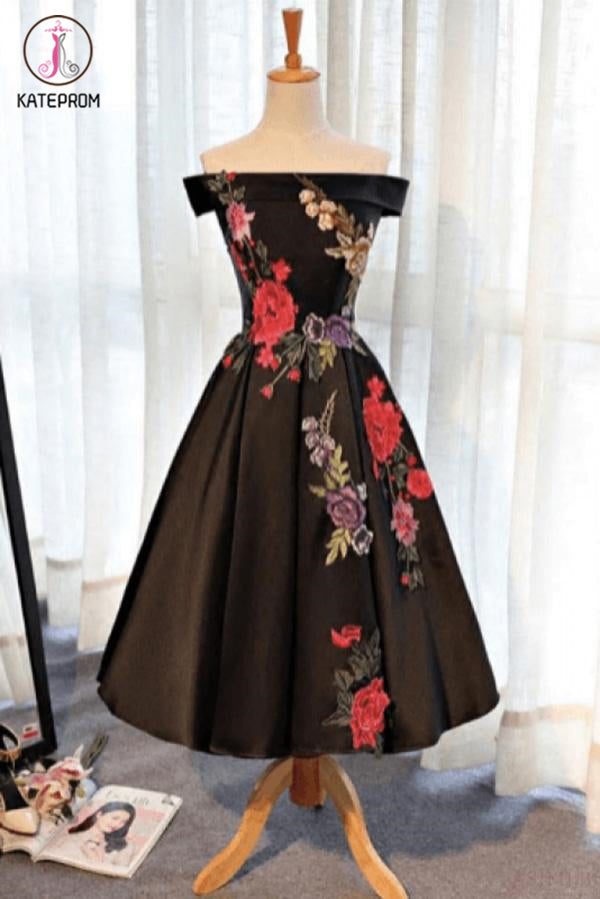 A Line Off Shoulder Black Ankle Length Satin Prom Dresses with Appliques KPH0417