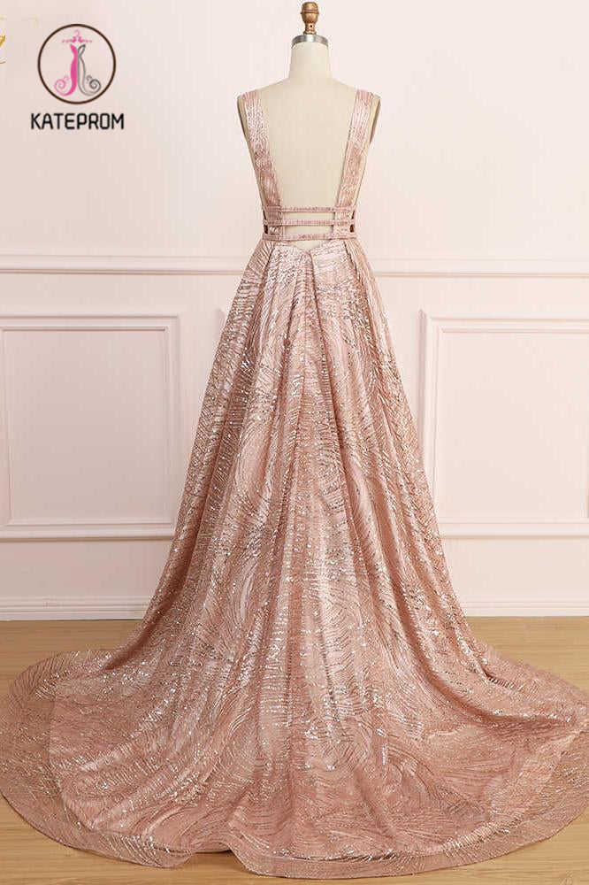 A Line Deep V Neck Long Prom Dress with Sequins, Glitter Sleeveless Evening Dress KPP1051