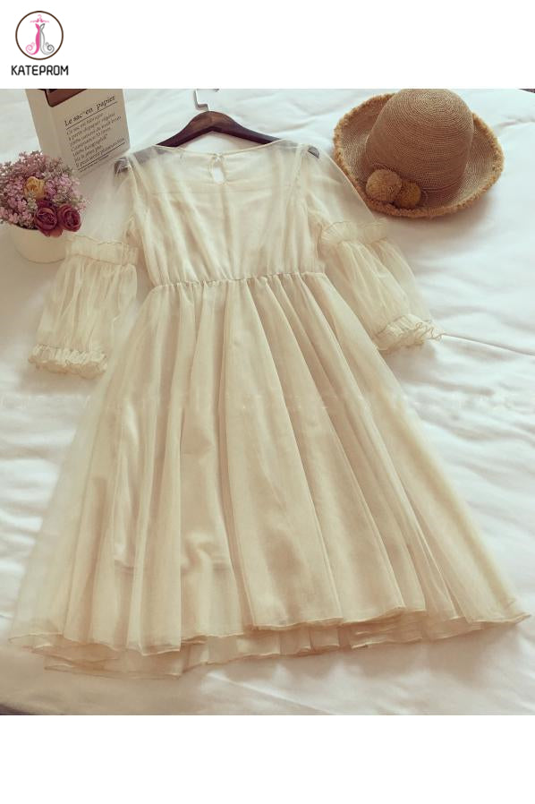 Beige 3/4 Sleeve Knee Length Prom Dress with Flowers, Sweet Homecoming Dresses KPH0457