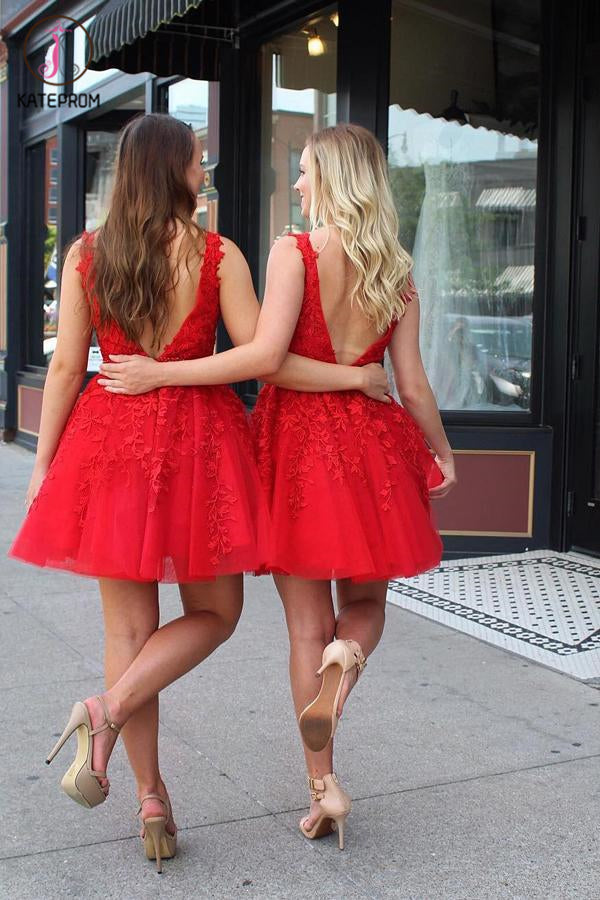 Red Lace Appliqued Tulle Short Prom Dress with Beading Waist, V Neck Homecoming Dress KPH0384