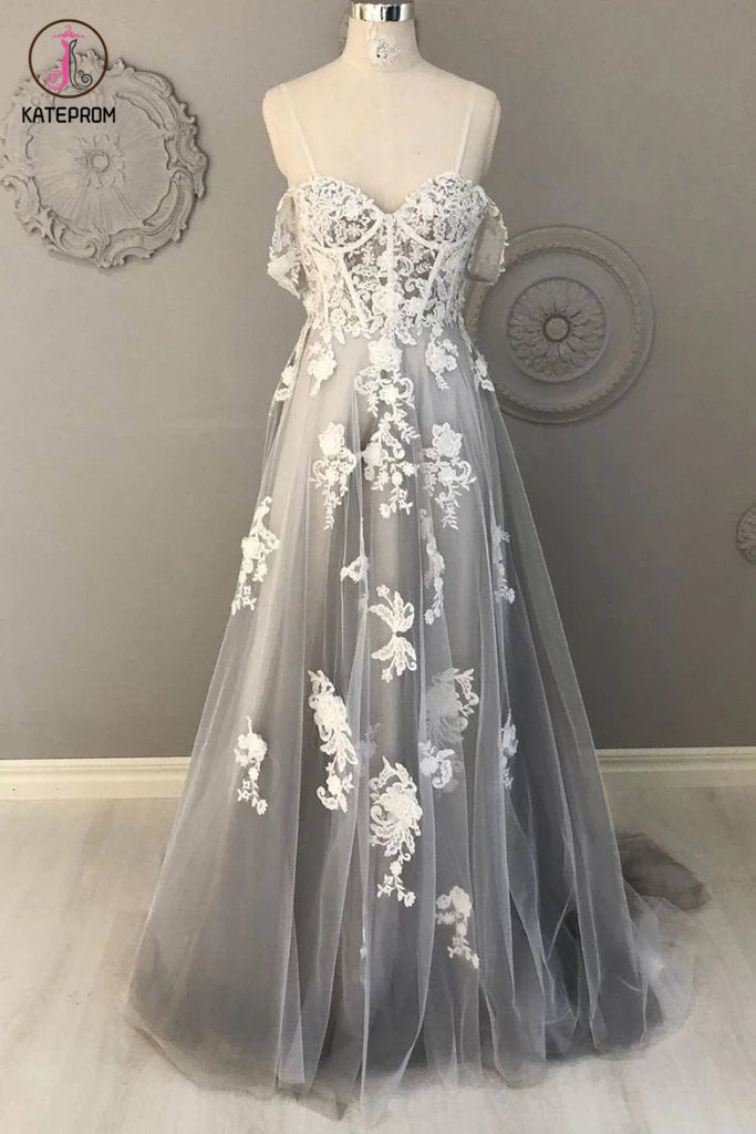 Gray Spaghetti Straps Sweep Train Tulle Prom Dress, A Line Lace Appliqued Formal Dresses KPP1276
