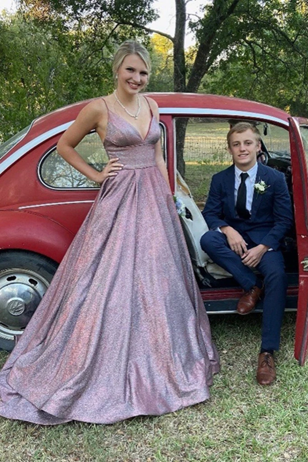 Shiny A line V neck Spaghetti Straps Long Prom Dresses, Formal Dresses KPP1483