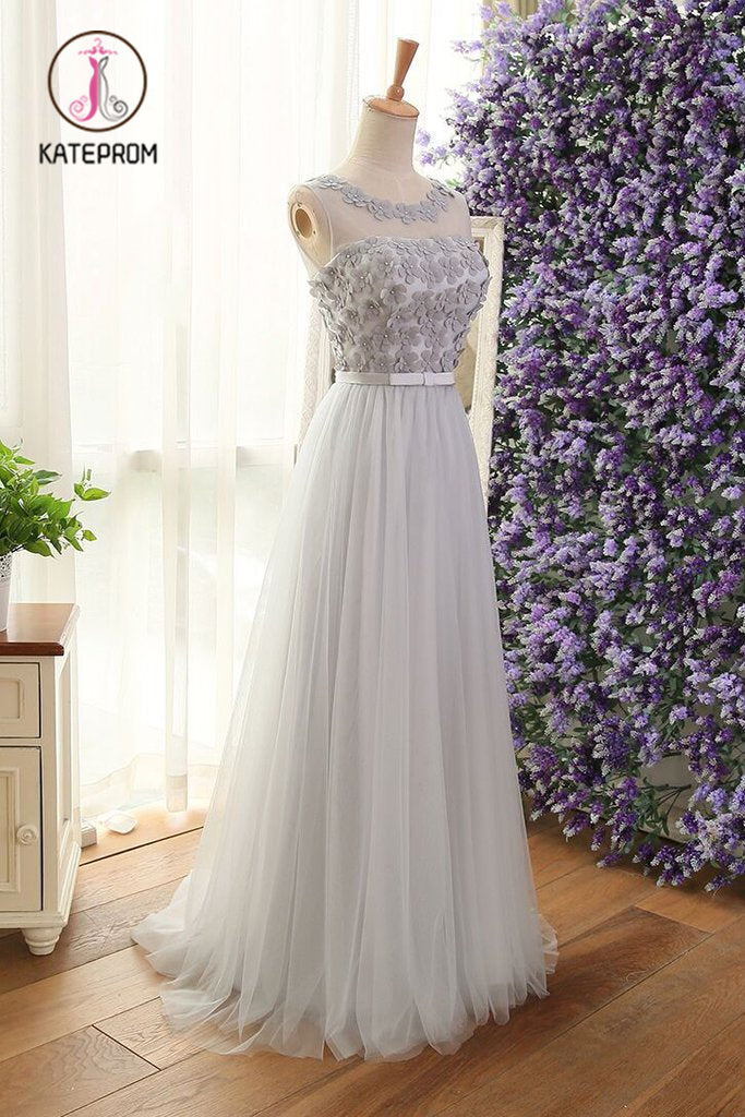 Pink Sleeveless Prom Dress with Flowers, A Line Floor Length Tulle Evening Dress KPP0941