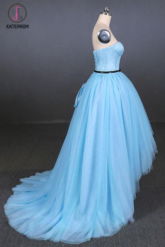 Light Blue High Low Strapless Tulle Prom Dresses, Hi-Lo Tulle Evening Dresses KPP1094