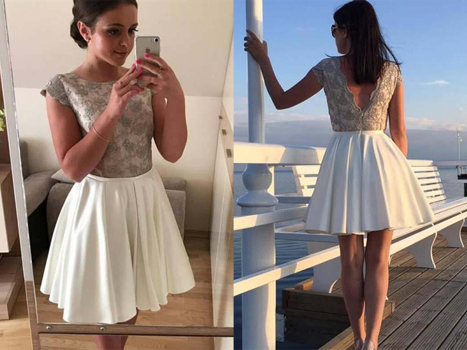 Round Neck Short Homecoming Dresses with Applique, Short Prom Dresses KPH0558