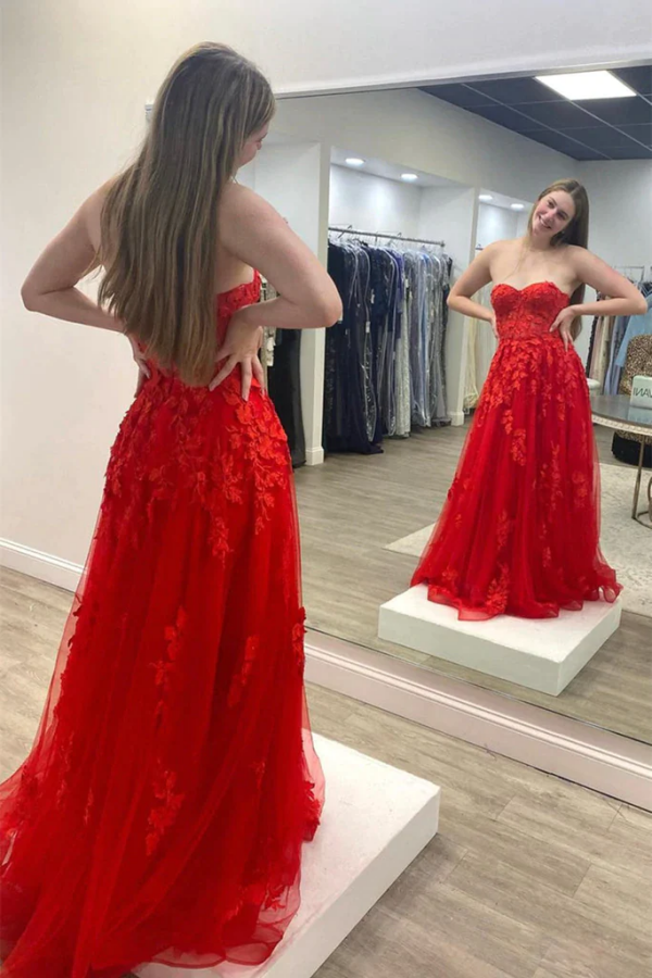 Strapless Red Tulle Long Prom Dress with Lace Appliques KPP1646