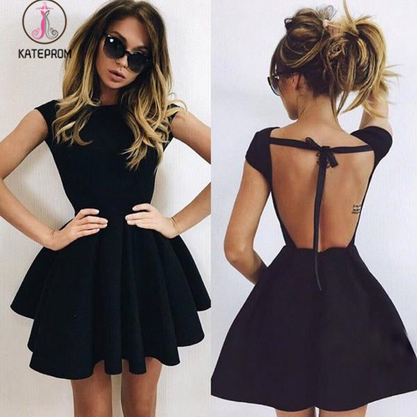 A-Line Scoop Backless Short Sleeves Black Ruched Homecoming Dress,Cocktail Dress KPH0267