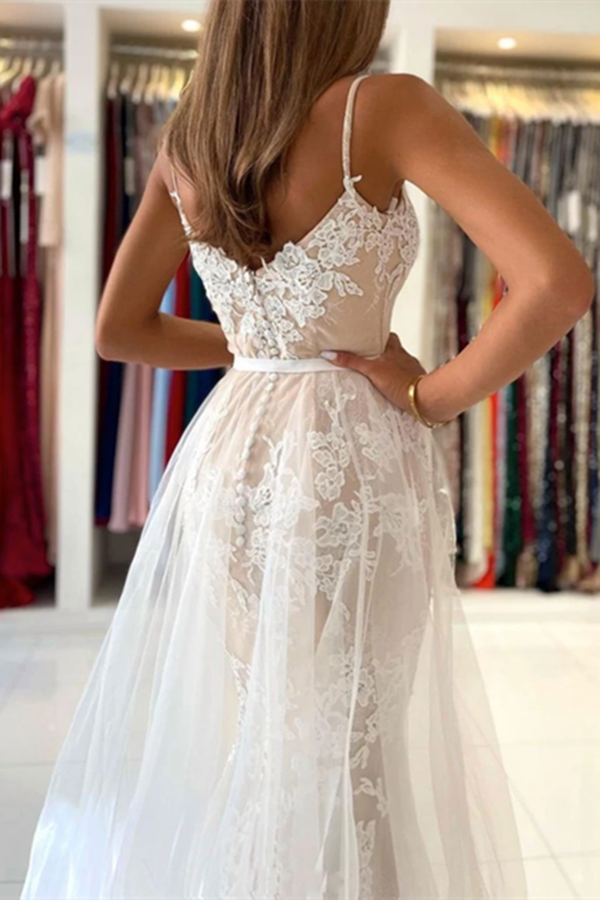 Elegant V Neck Mermaid Open Back Champagne Lace long Prom Dresses, Champagne Lace Formal Graduation Evening Dresses