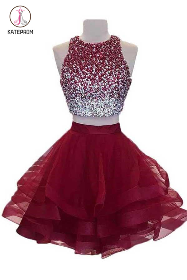 Two Piece Burgundy Homecoming Dress with Open Back, Sequined Short Prom Dress KPH0368