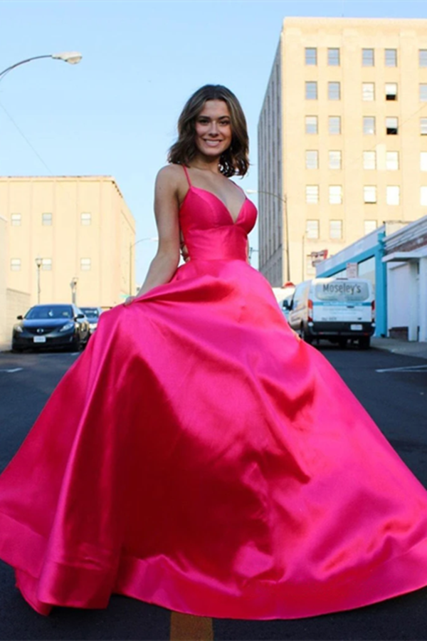 Cute A line Deep V neck Lace up Pink Satin Long Prom Dresses KPP1482