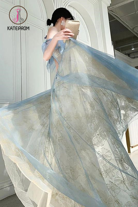 Unique V Neck Long Tulle Party Dress with Lace, Sexy Sleeveless Long Prom Gown KPP1005