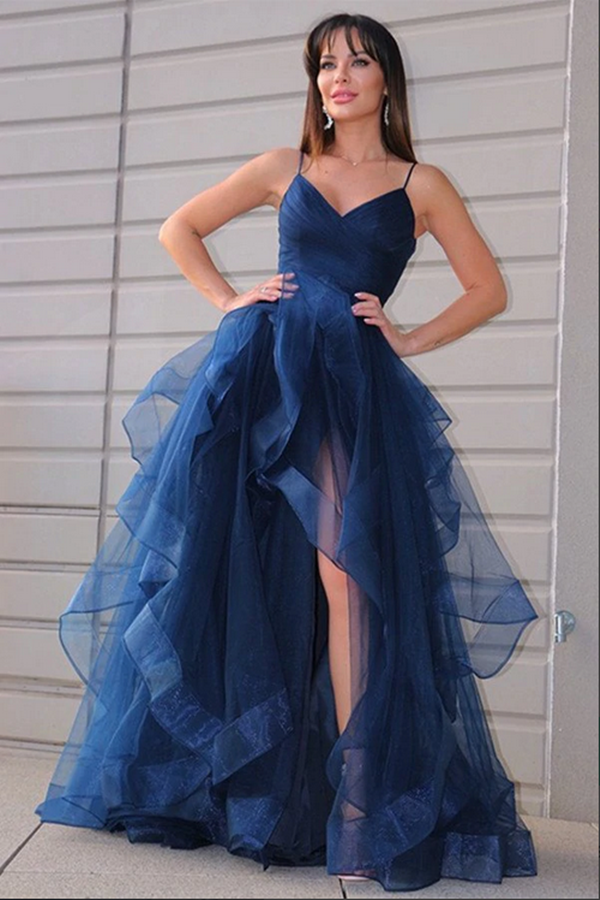 Navy Blue Tulle A line V neck Prom Dress With Ruffles, Long Formal Dresses KPP1554