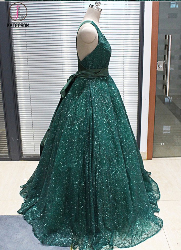 Shinny V Neck Green Sequined Ball Gown Long Prom Dresses, Quinceanera Dresses KPP0746