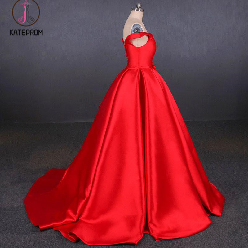 Puffy Off the Shoulder Red Satin Prom Dress, A Line Party Dress with Belt KPP1096