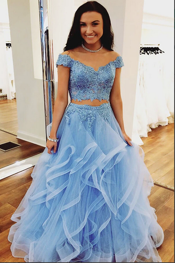 Blue Tulle Off Shoulder Two Piece Prom Dresses Lace Formal Dresses KPP1399