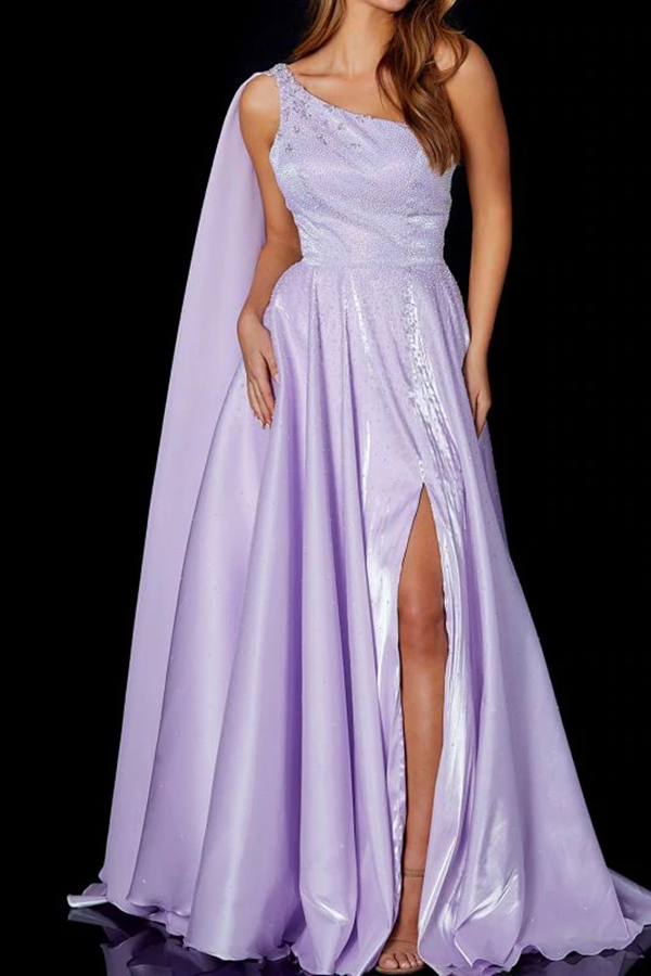 A Line One Shoulder Satin Split Front Floor Length Prom Dress KPP1517