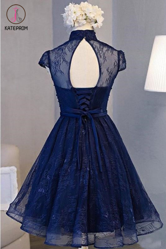 A Line Cap Sleeve Lace Homecoming Dress, High Neck Knee Length Prom Dress KPH0430