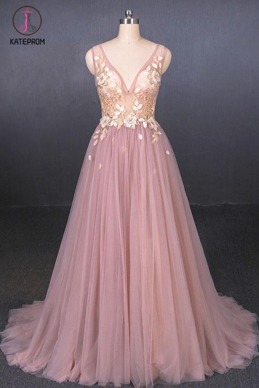Pink V Neck Sleeveless Tulle Prom Dress with Appliques, A Line Tulle Evening Dress KPP1092