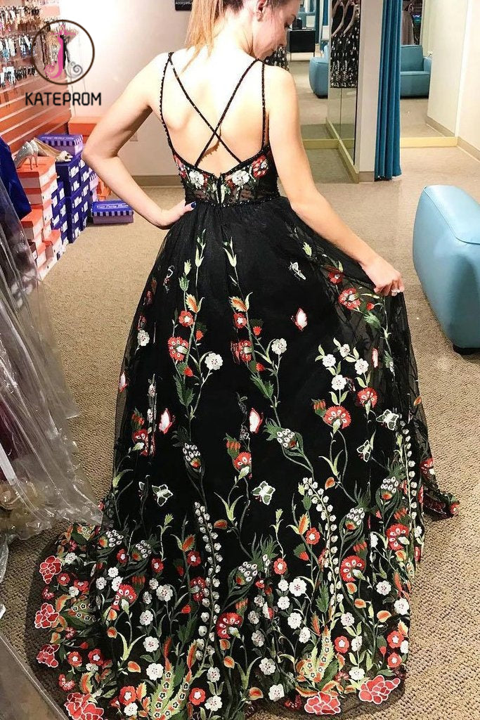 Beautiful Deep V Neck Sleeveless Black Long Prom Dress with Flowers, Unique Formal Dress KPP0990