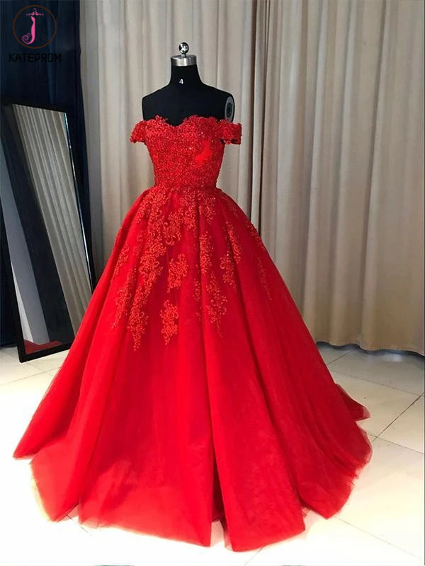 Ball Gown Sweetheart Cap Sleeve Lace Appliques Prom Dress KPP1258