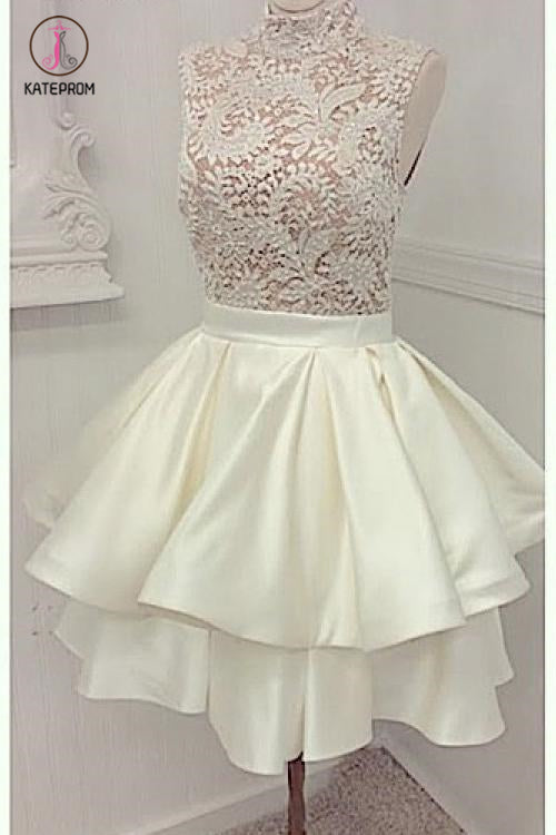 Ivory High Neck Satin Homecoming Dress with Lace, Short Two Layers Prom Dress KPH0298