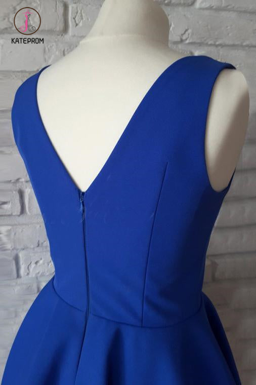 Royal Blue A Line V-Neck Short Homecoming Dress with Ruched, Mini Prom Dresses KPH0287