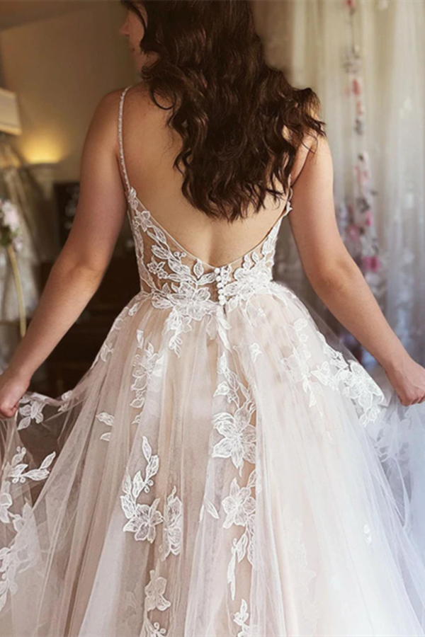 A Line Spaghetti Straps Applique Wedding Dress Backless Tulle Bridal Dress KPW0708