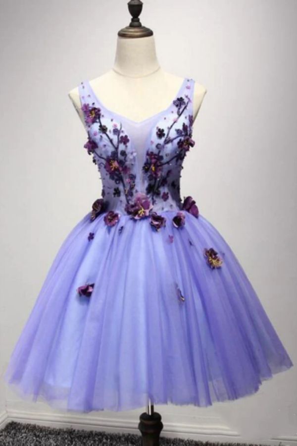 Short Lavender Homecoming Dresses Flower Applique Knee Length Prom Dress KPH0642