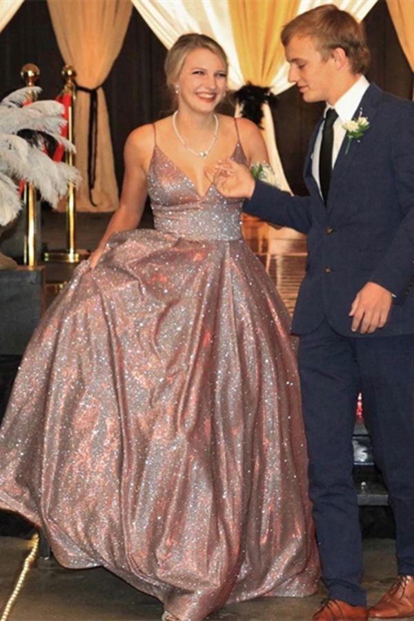 Shiny A line V neck Spaghetti Straps Long Prom Dresses, Formal Dresses KPP1483