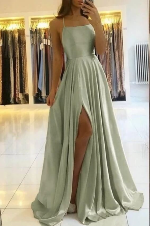 Simple Dusty Sage Satin Spaghetti Straps Long Prom Dresses, Evening Gown KPP1568